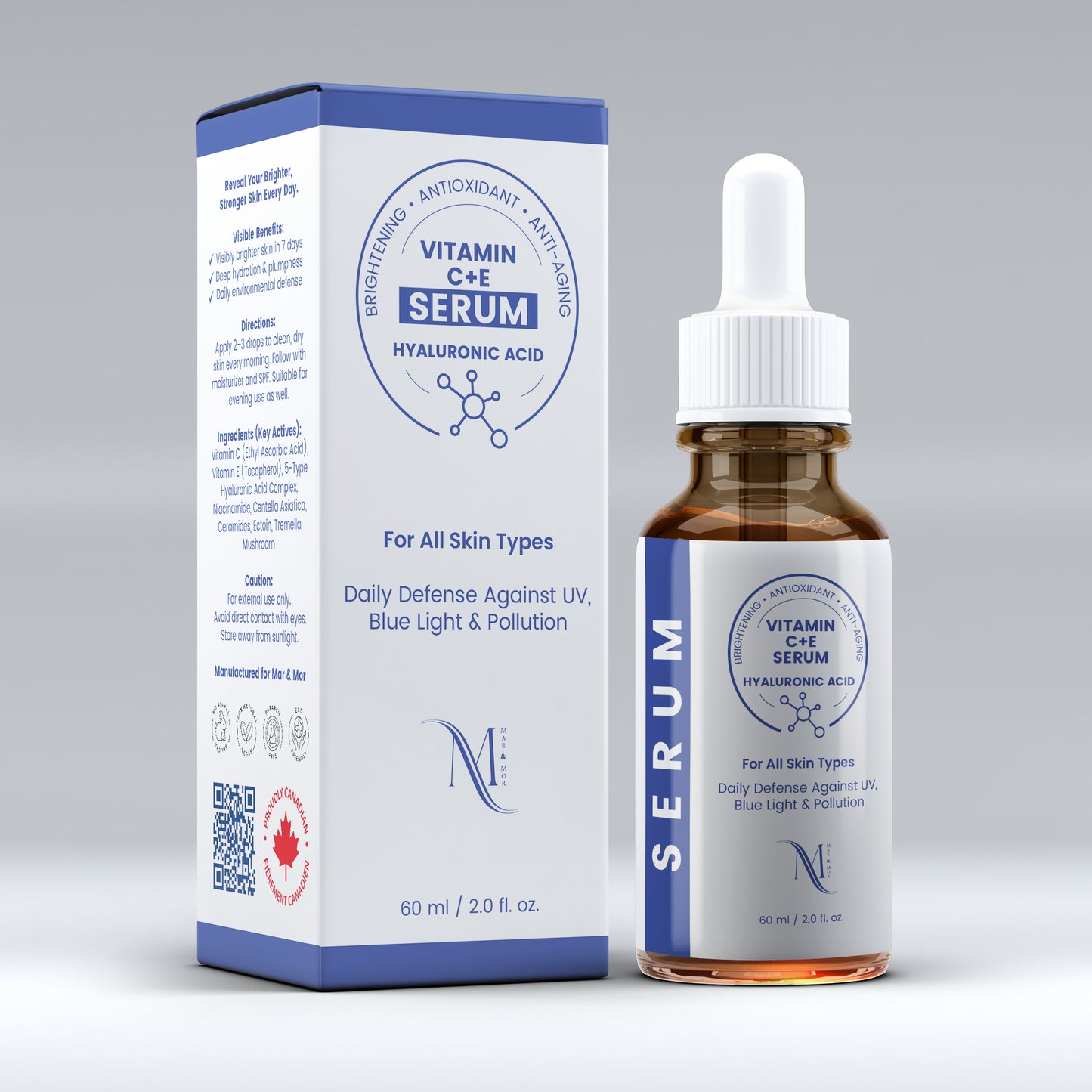 Mar & Mor | Vitamin C + E Serum | Hyaluronic Acid | Daily Protection Against UV, Blue Light & Pollution | UNIQUE Canadian Skin Care |